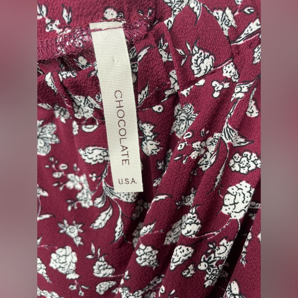 Chocolate  Women’s Strapless Floral Maroon Long Sleeve Top w/Front Tie. - Picture 2 of 5